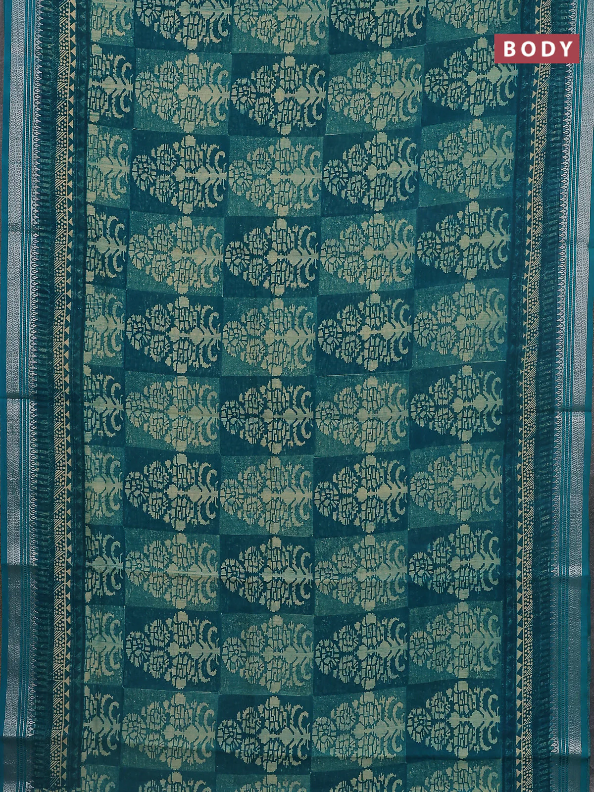 Chanderi silk cotton saree teal green with allover prints and silver zari woven border - Image 2