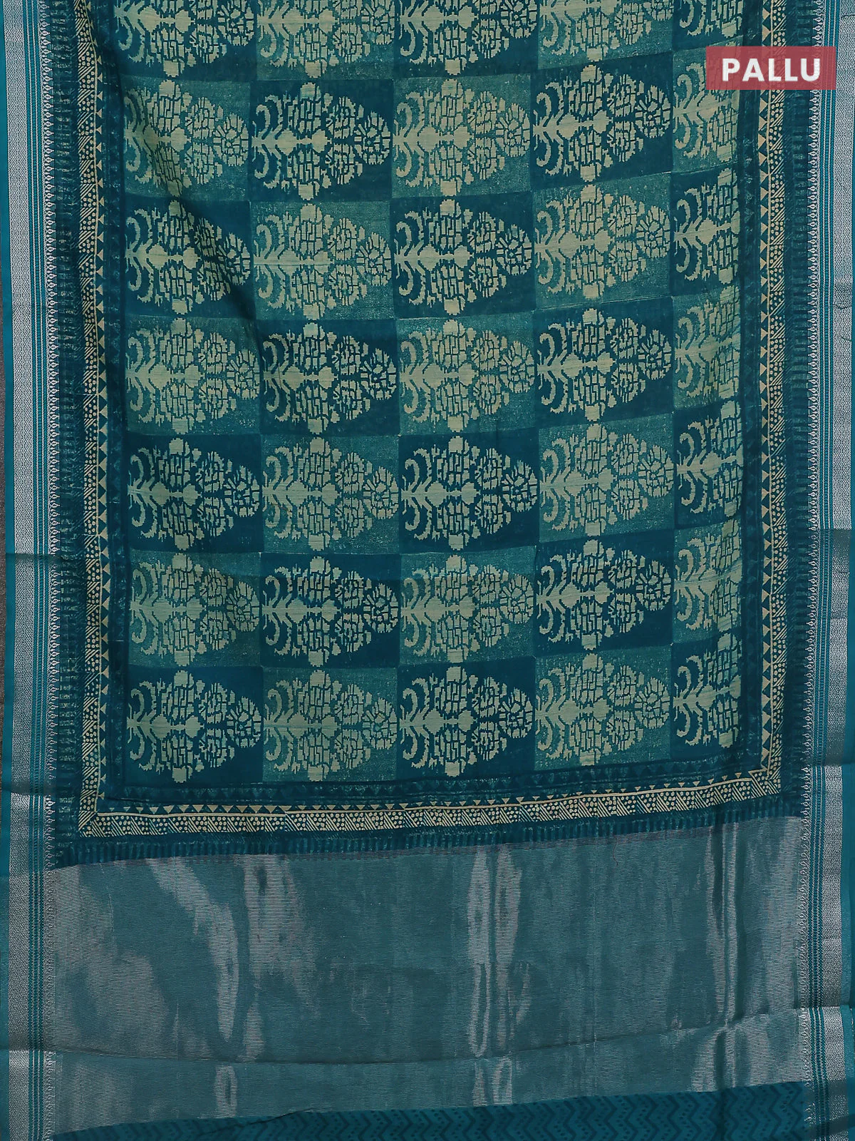 Chanderi silk cotton saree teal green with allover prints and silver zari woven border - Image 3