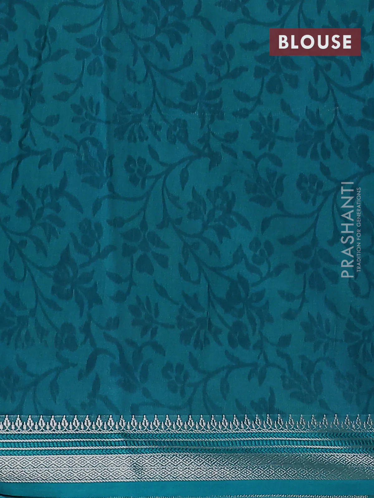 Chanderi silk cotton saree teal green with allover prints and silver zari woven border - Image 4
