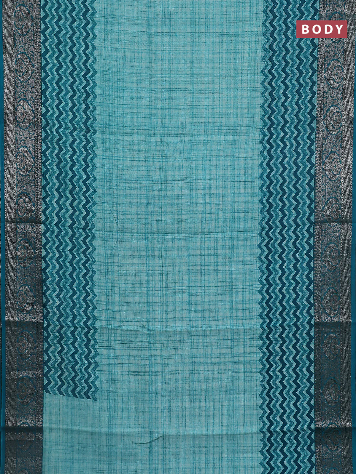 Chanderi silk cotton saree teal green with allover zig zag prints and banarasi style border - Image 2