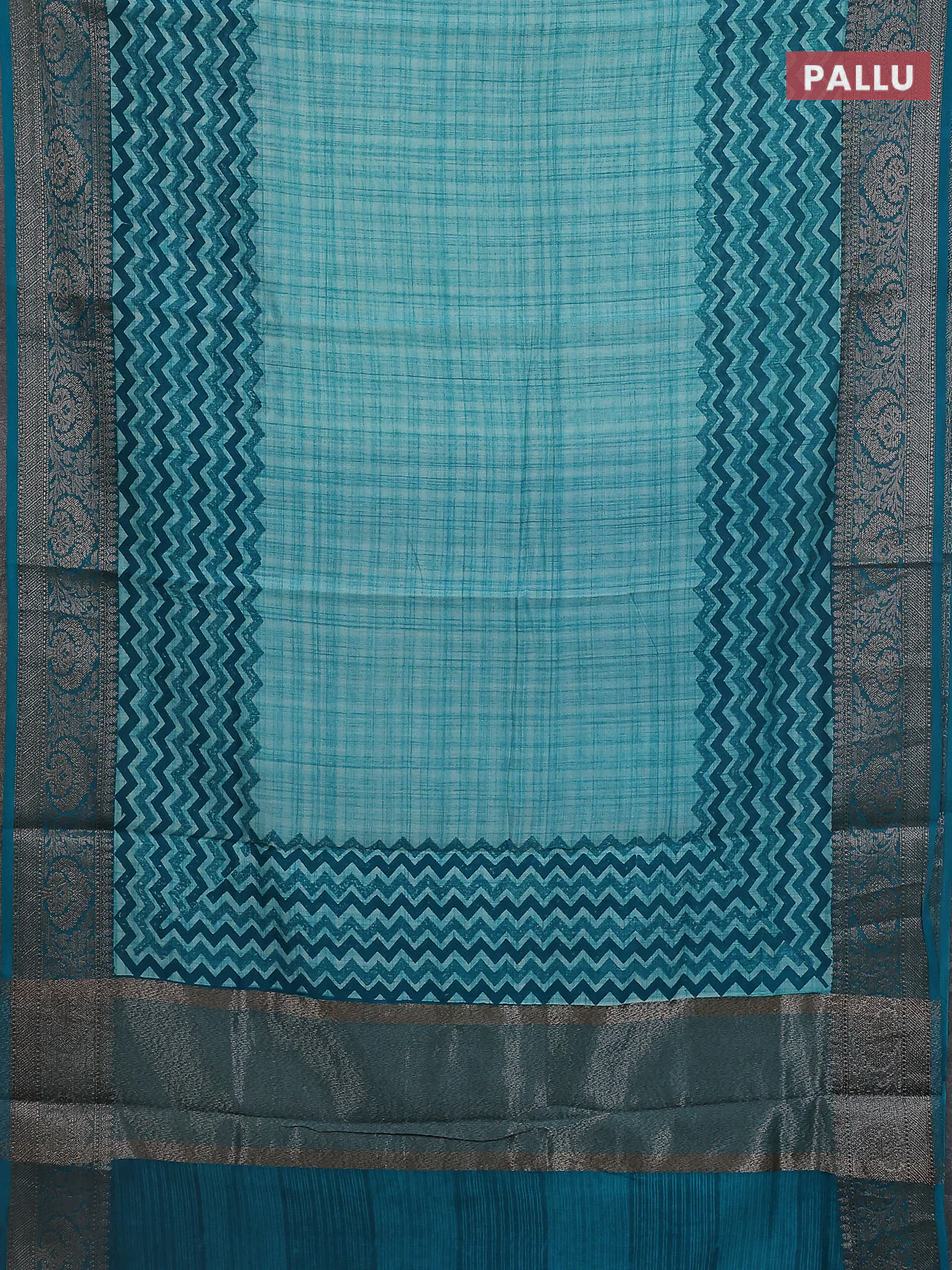 Chanderi silk cotton saree teal green with allover zig zag prints and banarasi style border - Image 3