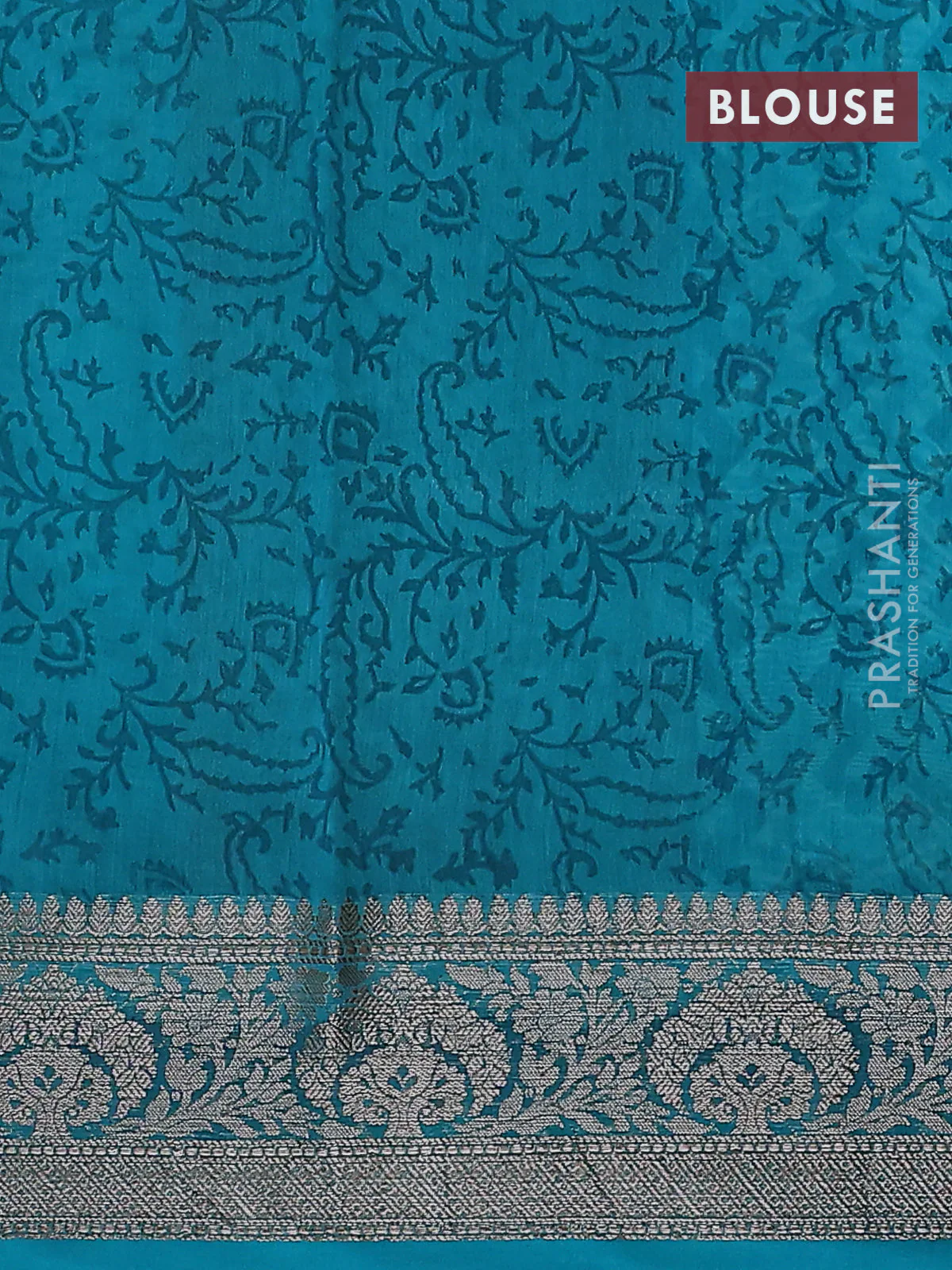 Chanderi silk cotton saree teal green with allover zig zag prints and banarasi style border - Image 4