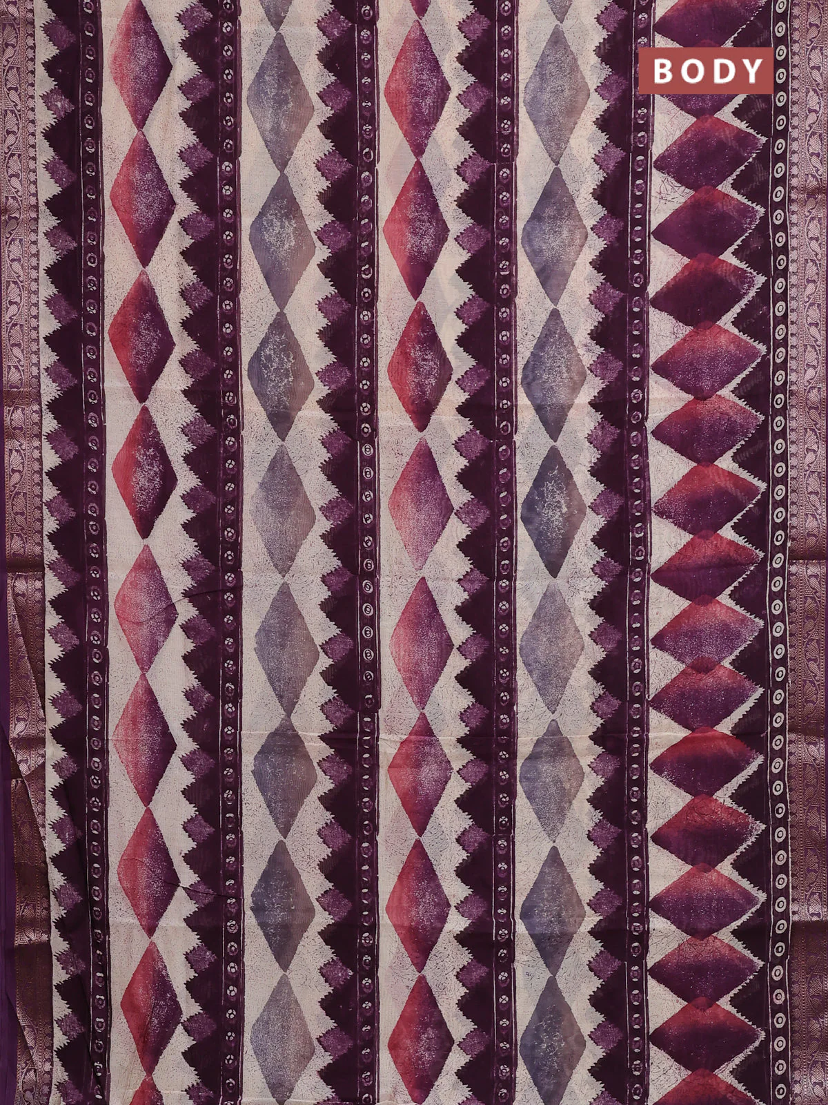 Chanderi silk cotton saree wine shade and beige with allover geometric prints and banarasi style border - Image 2