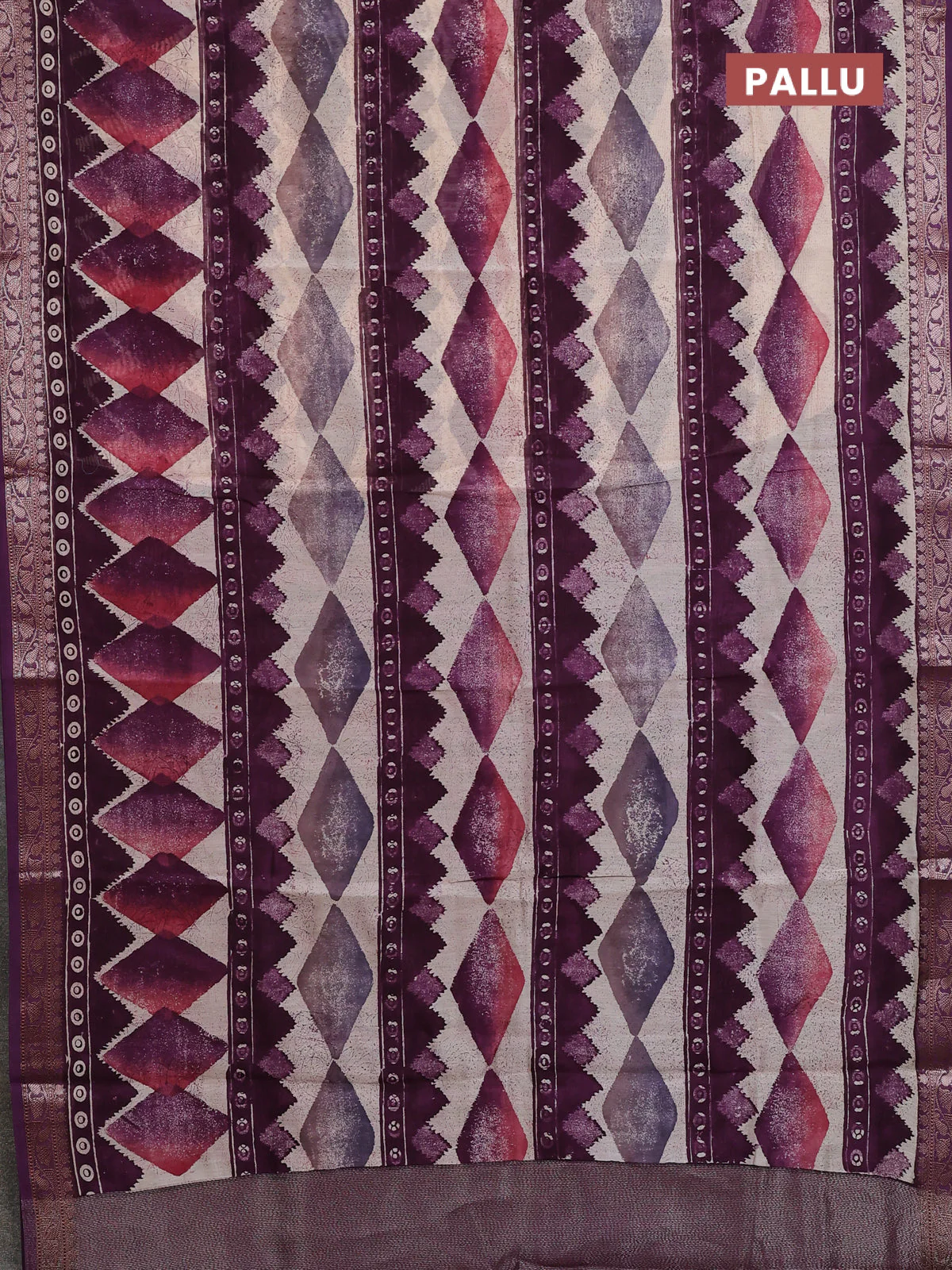 Chanderi silk cotton saree wine shade and beige with allover geometric prints and banarasi style border - Image 3