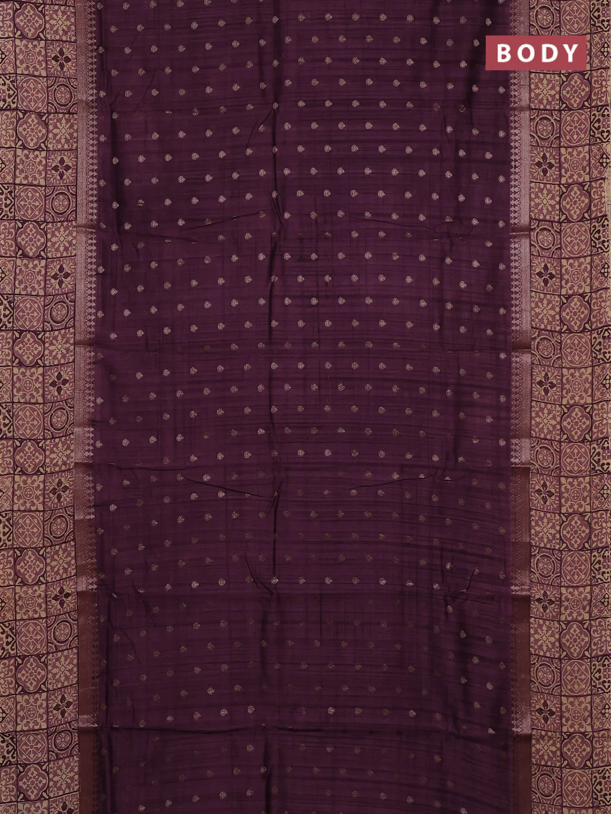 Chanderi silk cotton saree wine shade and beige with allover zari buttas and printed border - Image 2