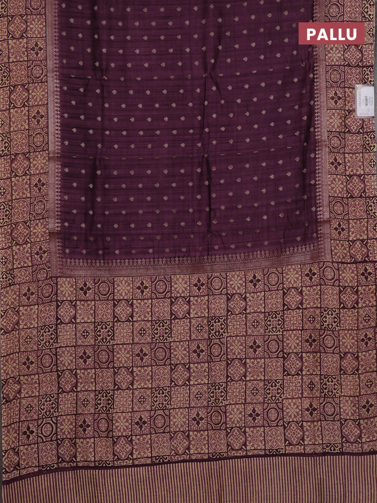 Chanderi silk cotton saree wine shade and beige with allover zari buttas and printed border - Image 3