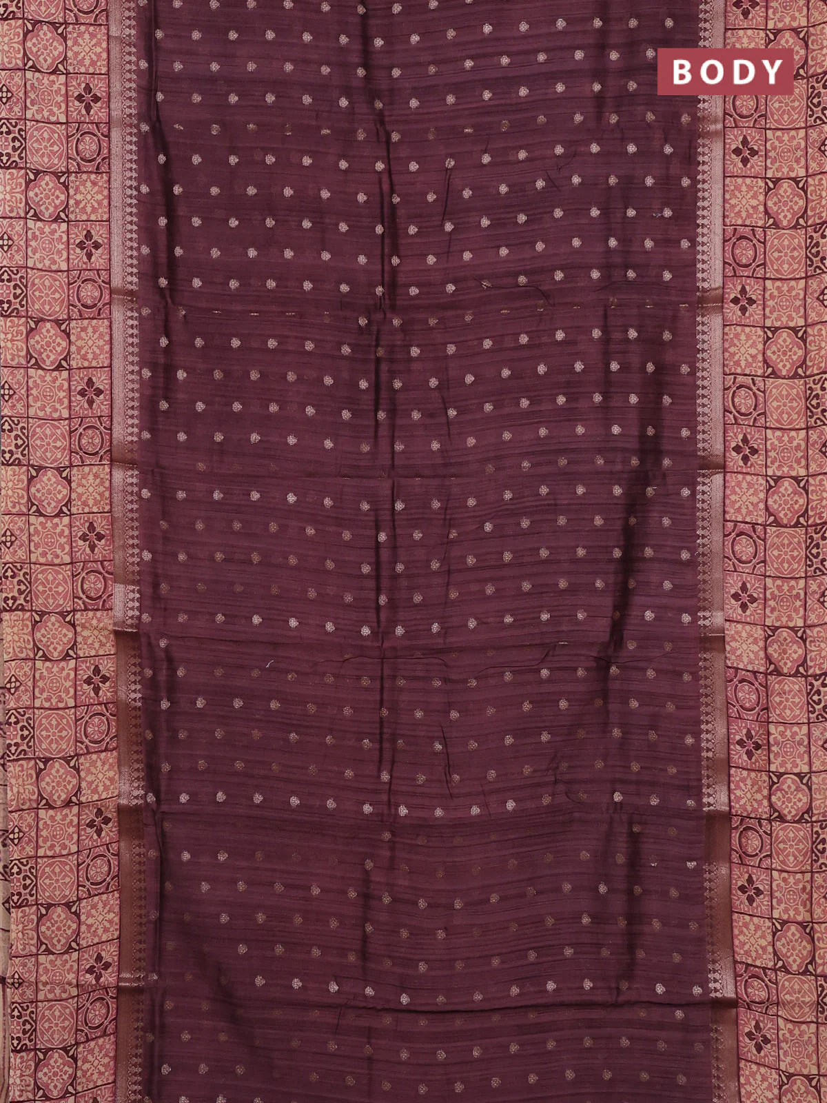 Chanderi silk cotton saree wine shade and beige with allover zari buttas and printed border - Image 2