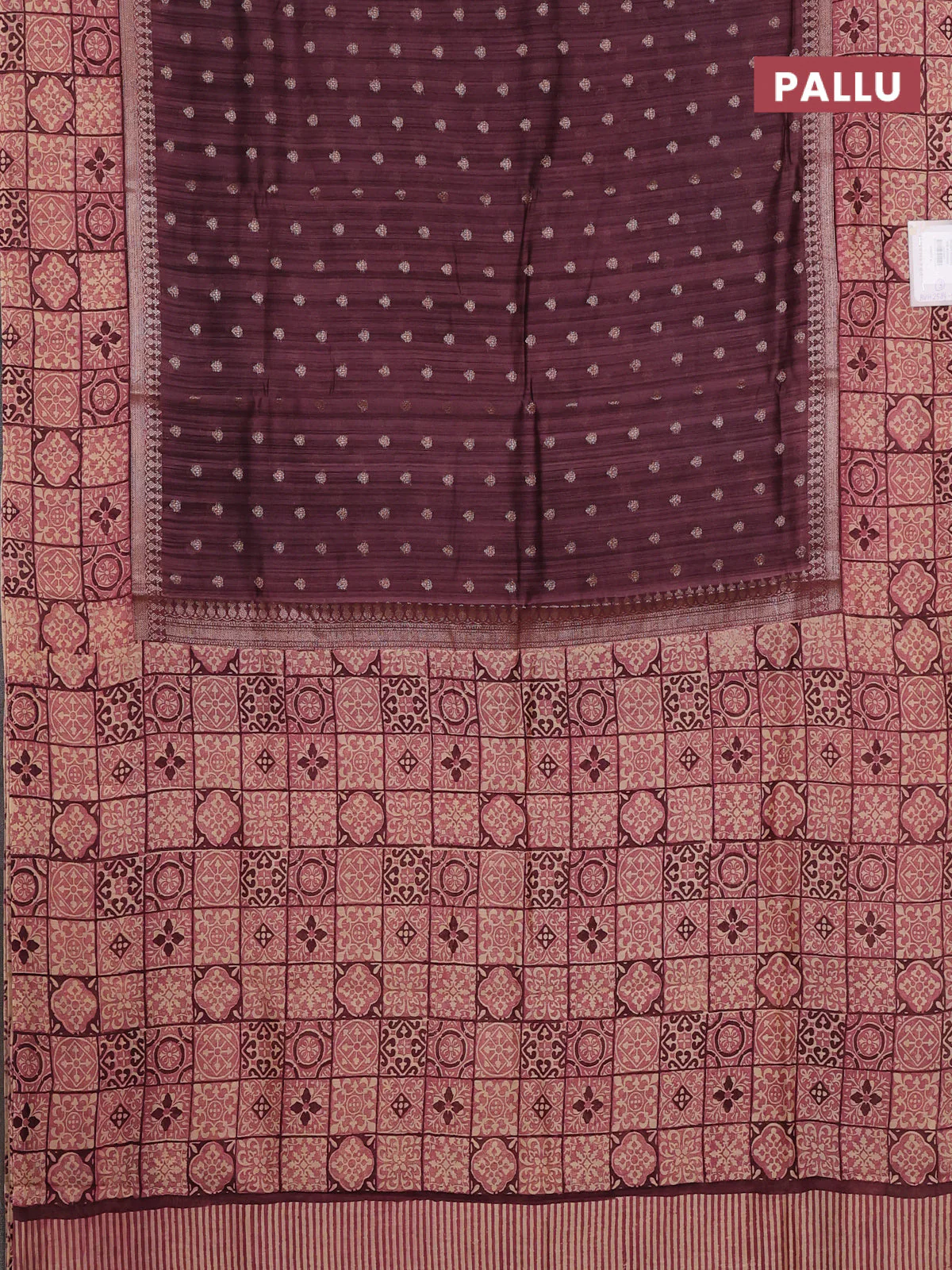 Chanderi silk cotton saree wine shade and beige with allover zari buttas and printed border - Image 3