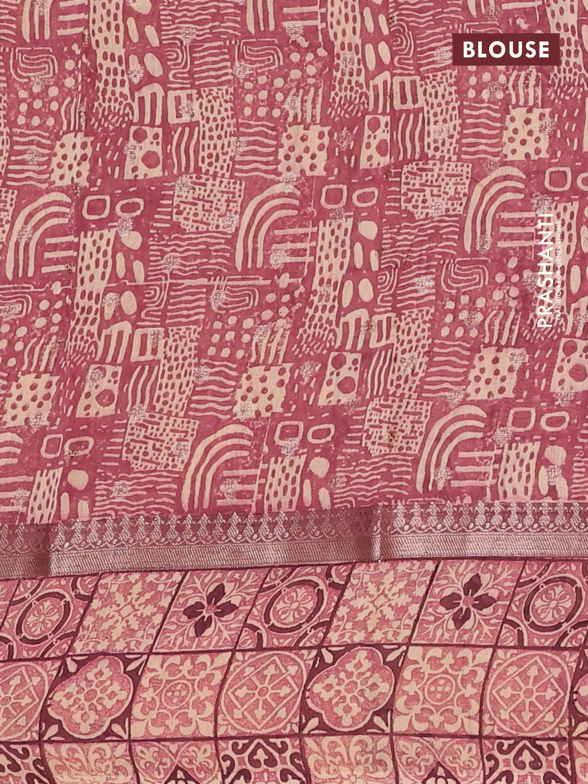 Chanderi silk cotton saree wine shade and beige with allover zari buttas and printed border - Image 4