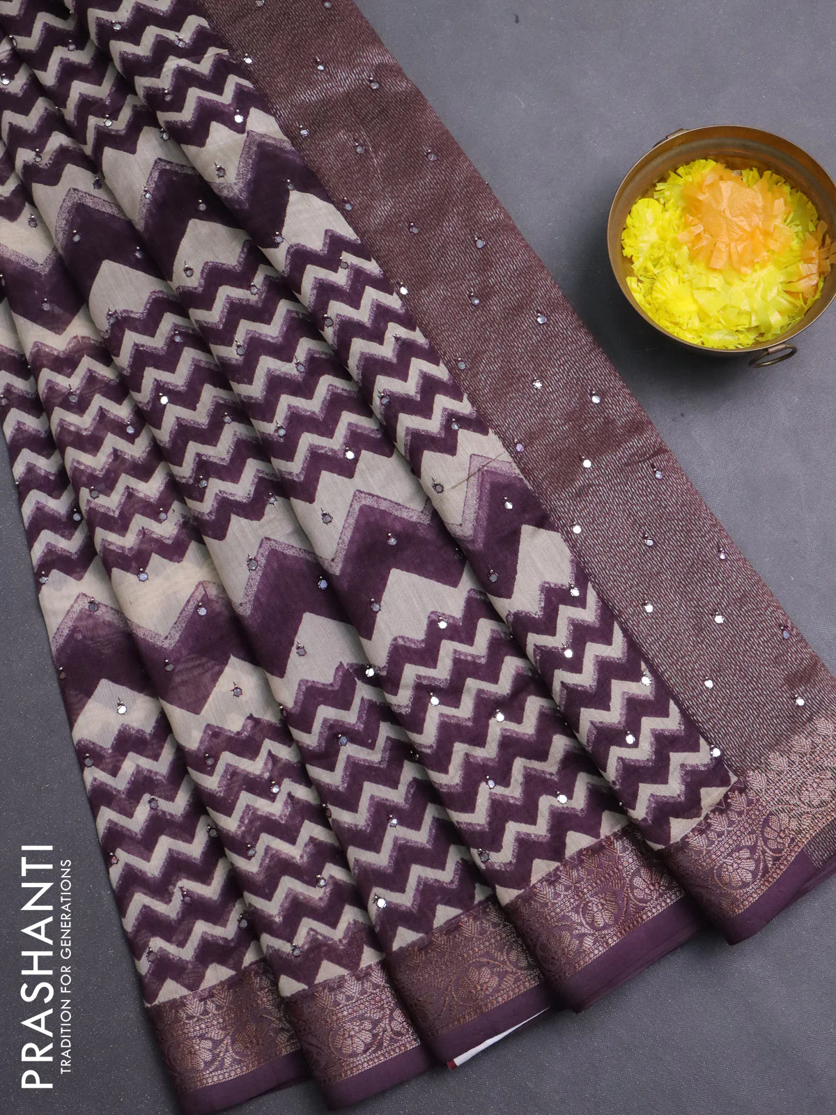 Chanderi silk cotton saree wine shade and beige with allover zigzag prints & mirror work and banarasi style border