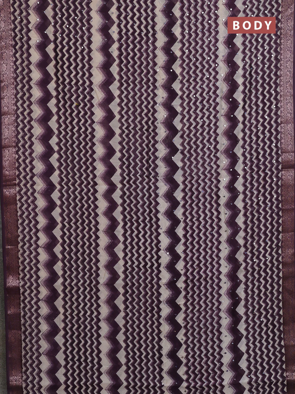 Chanderi silk cotton saree wine shade and beige with allover zigzag prints & mirror work and banarasi style border - Image 2