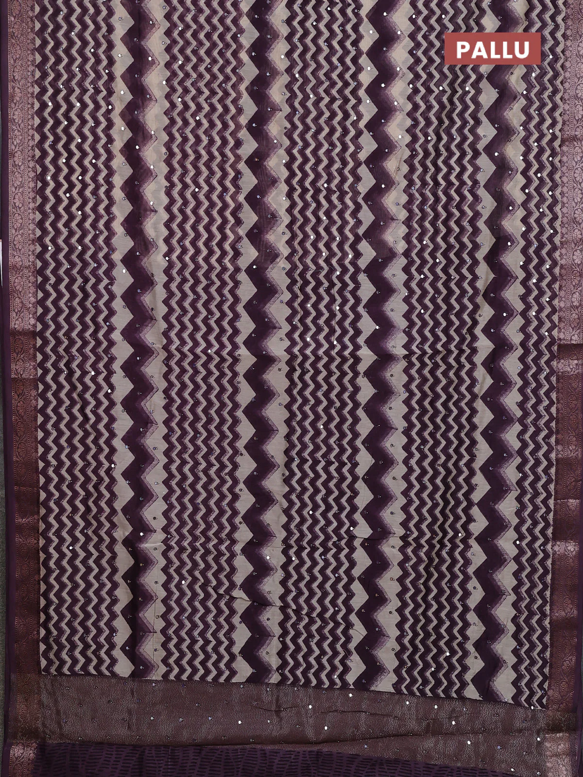 Chanderi silk cotton saree wine shade and beige with allover zigzag prints & mirror work and banarasi style border - Image 3