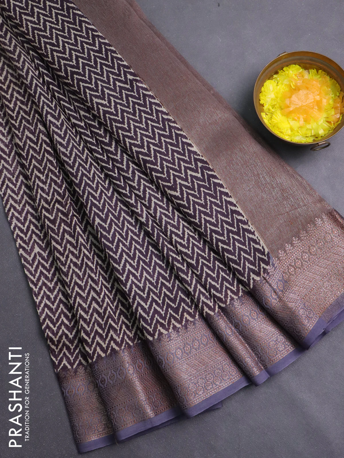 Chanderi silk cotton saree wine shade and grey with allover zig zag prints and banarasi style border