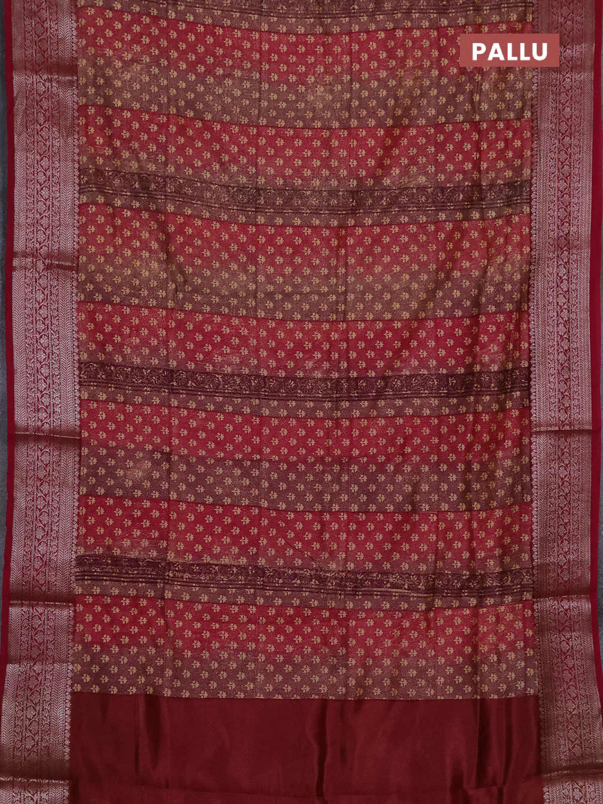 Chanderi silk cotton saree wine shade with allover prints and banarasi style border - Image 3
