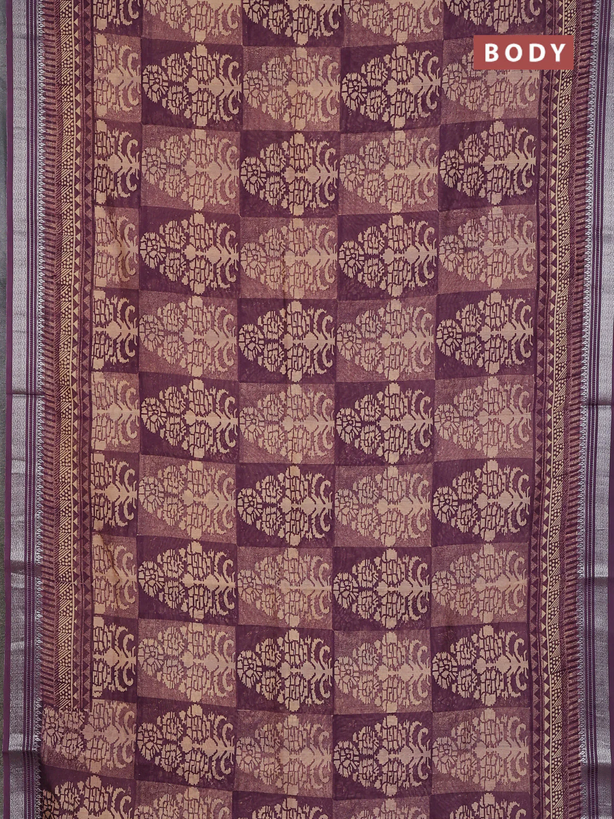 Chanderi silk cotton saree wine shade with allover prints and silver zari woven border - Image 2
