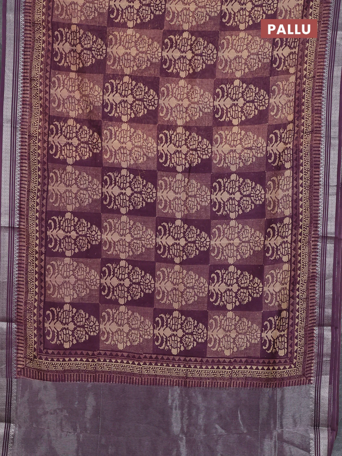 Chanderi silk cotton saree wine shade with allover prints and silver zari woven border - Image 3