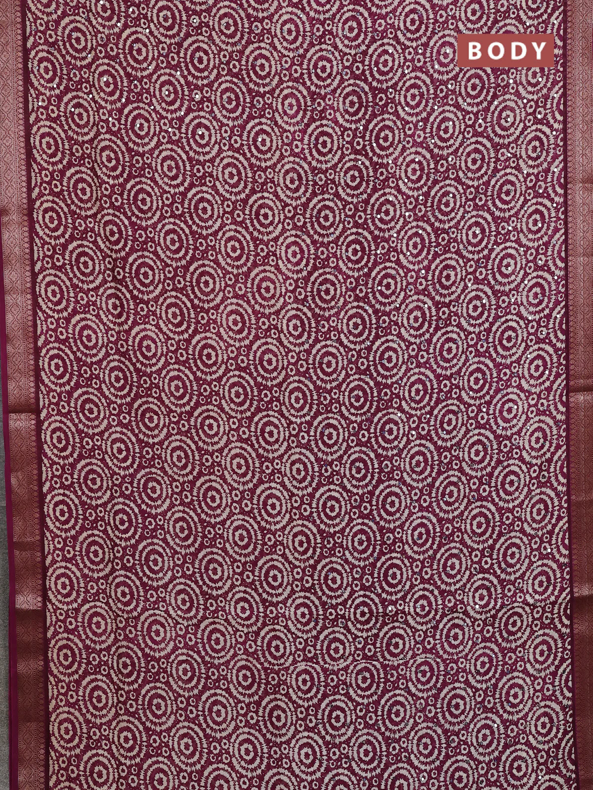 Chanderi silk cotton saree wine shade with allover prints & mirror work and banarasi style border - Image 2