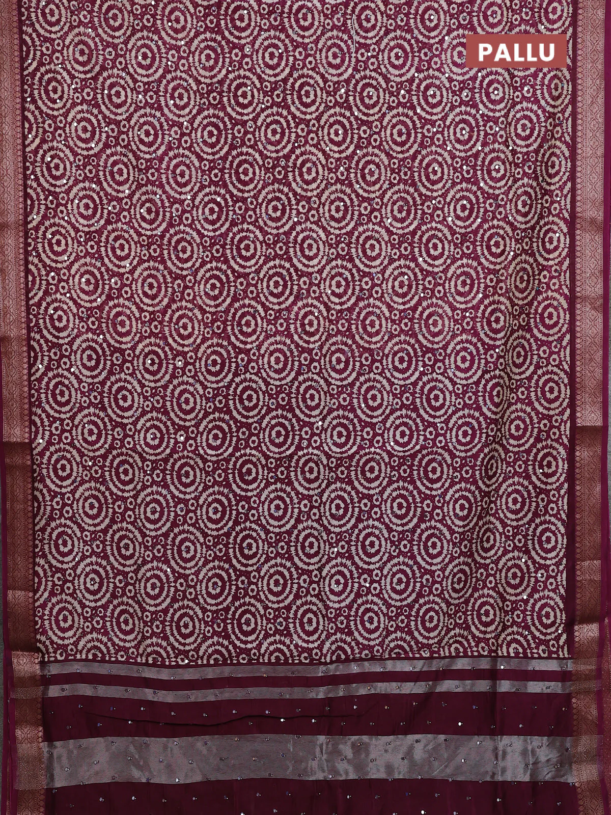 Chanderi silk cotton saree wine shade with allover prints & mirror work and banarasi style border - Image 3