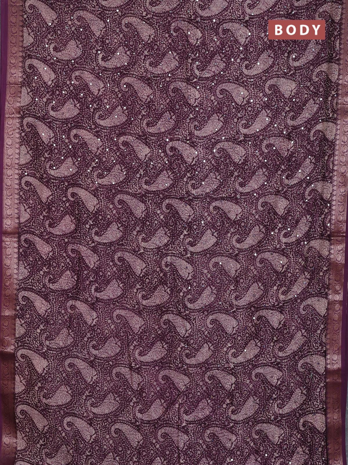 Chanderi silk cotton saree wine shade with allover prints & mirror work and banarasi style border - Image 2