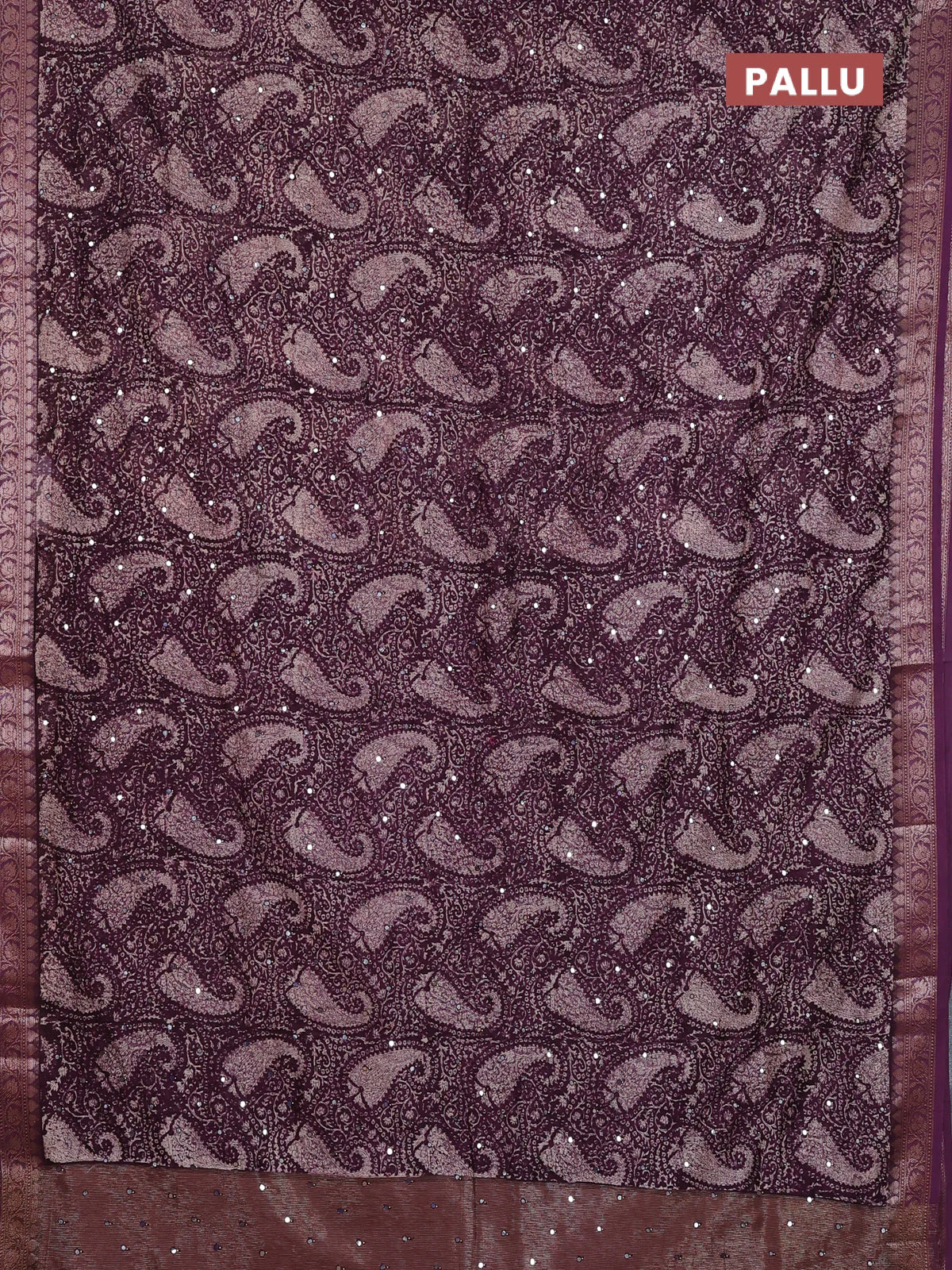 Chanderi silk cotton saree wine shade with allover prints & mirror work and banarasi style border - Image 3