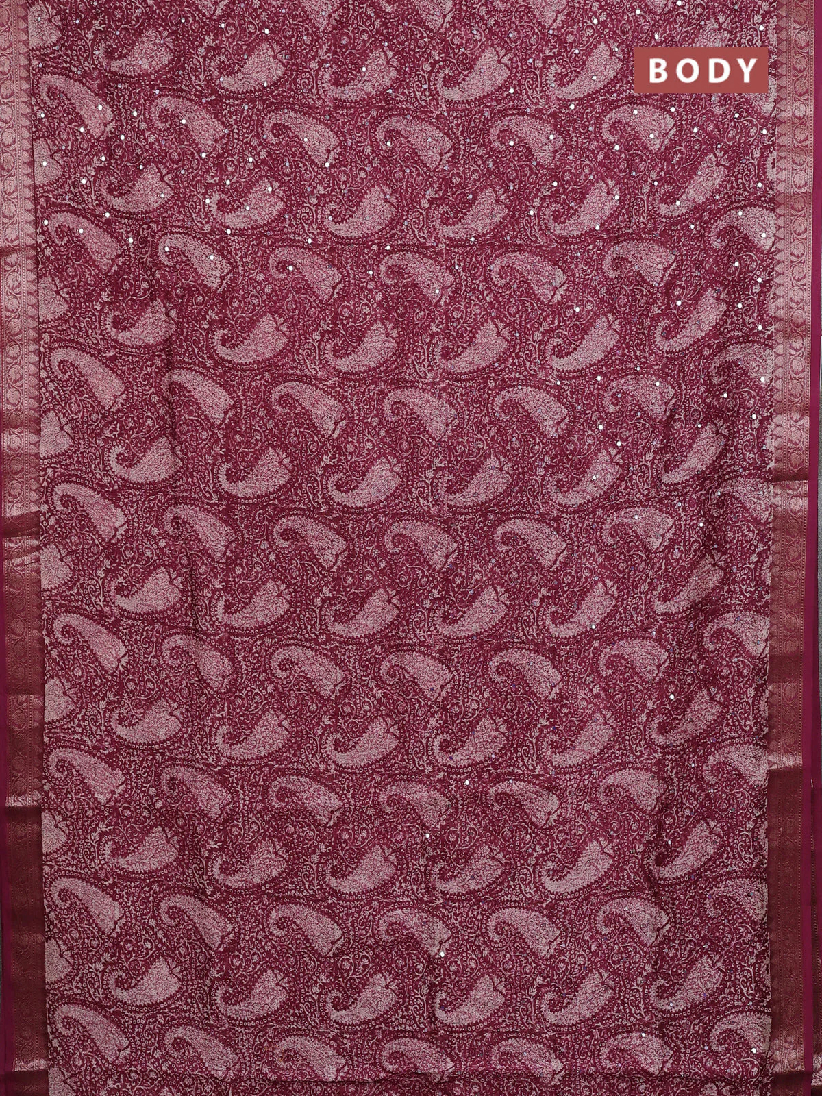 Chanderi silk cotton saree wine shade with allover prints & mirror work and banarasi style border - Image 2
