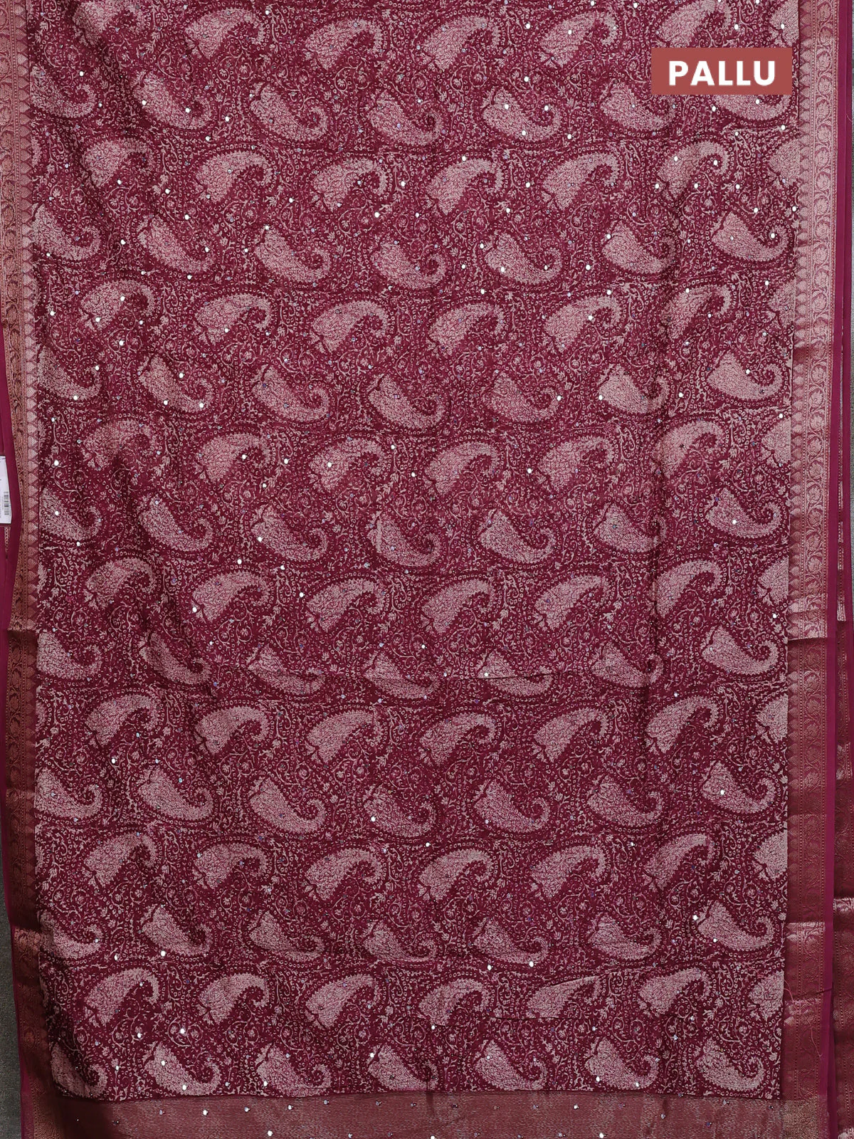 Chanderi silk cotton saree wine shade with allover prints & mirror work and banarasi style border - Image 3