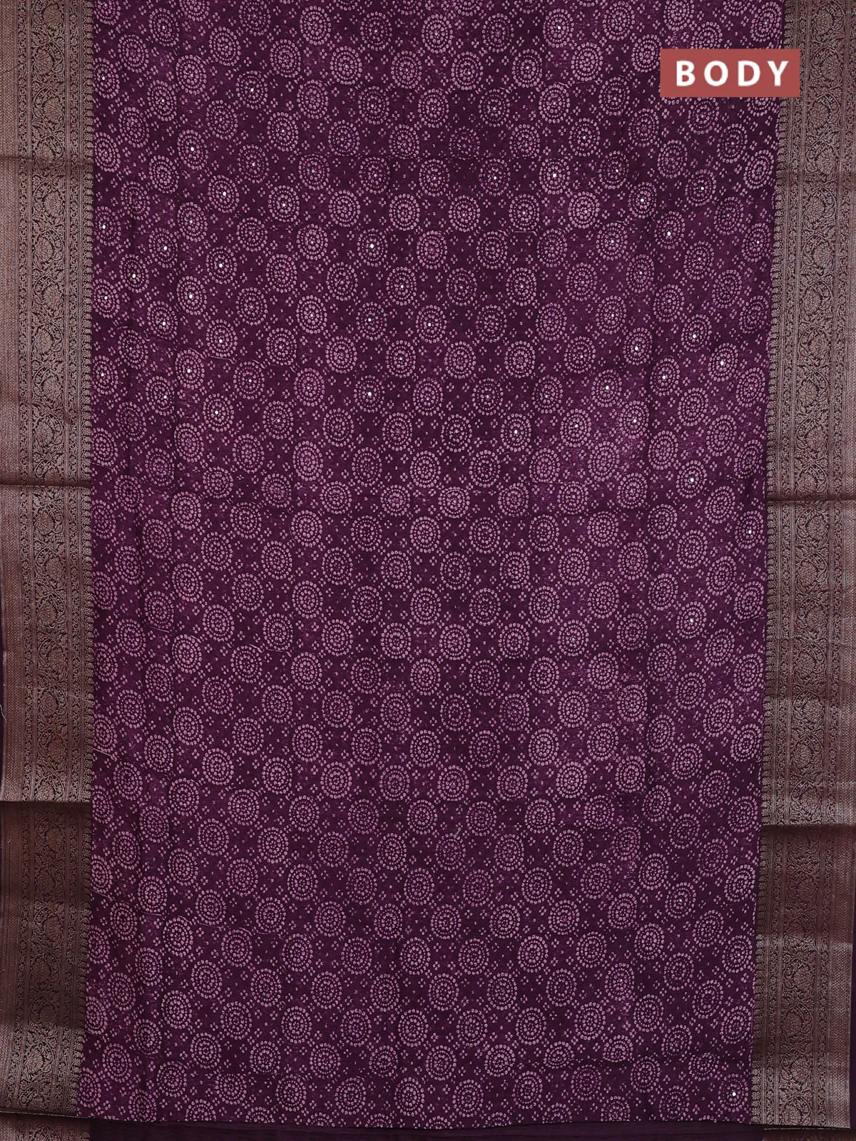 Chanderi silk cotton saree wine shade with allover prints & mirror work and banarasi style border - Image 2