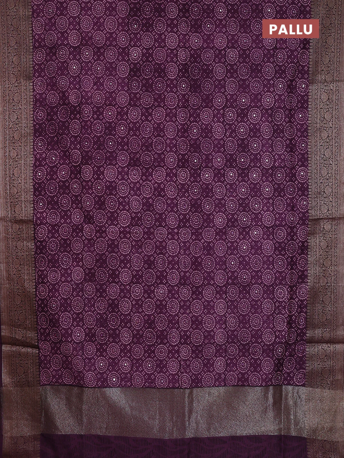 Chanderi silk cotton saree wine shade with allover prints & mirror work and banarasi style border - Image 3