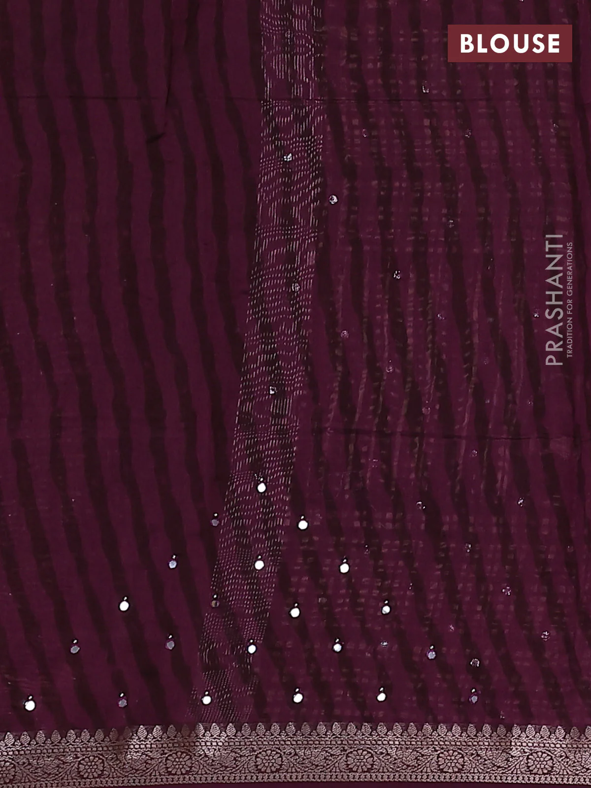 Chanderi silk cotton saree wine shade with allover prints & mirror work and zari woven border - Image 3
