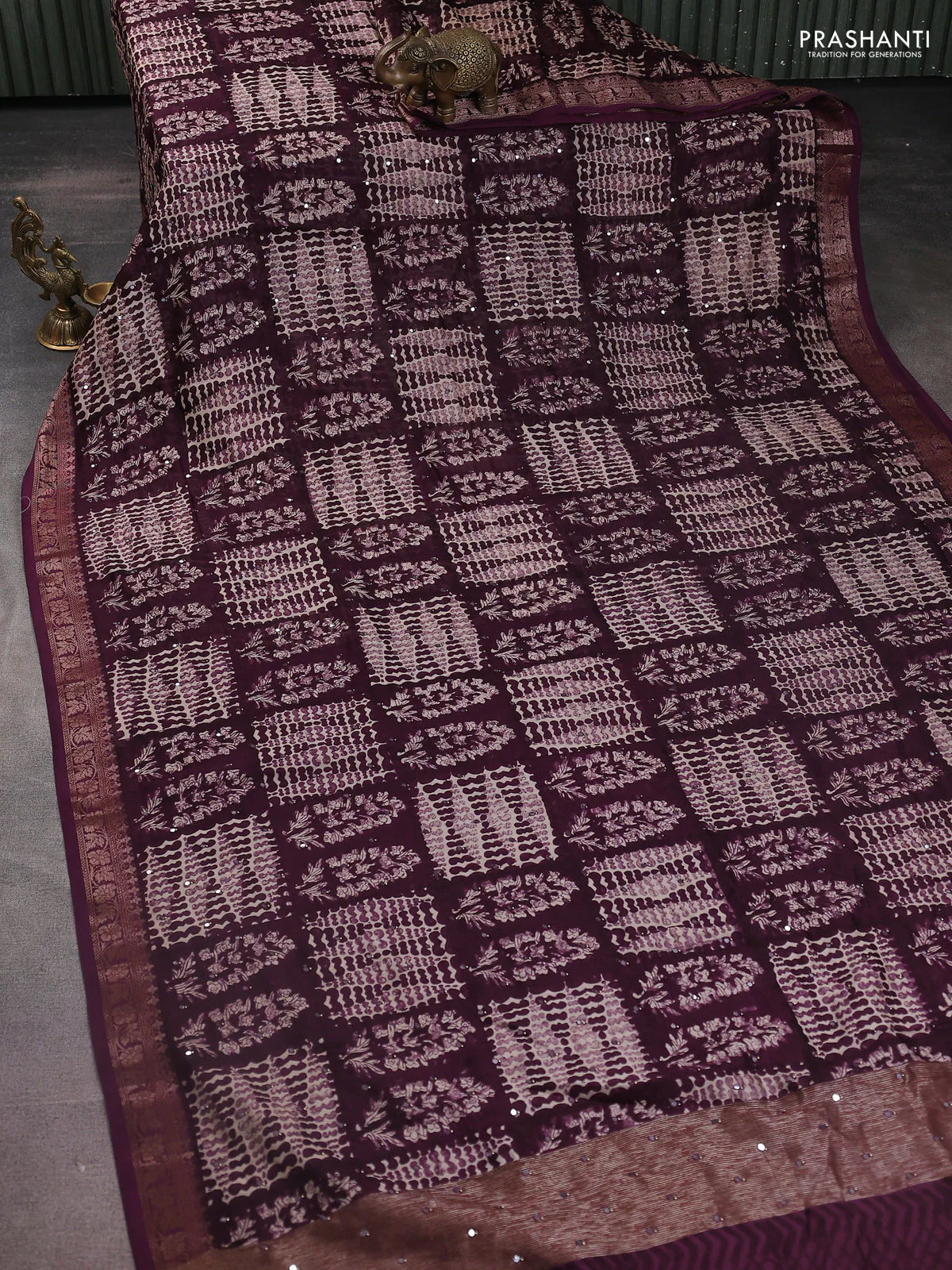 Chanderi silk cotton saree wine shade with allover prints & mirror work and zari woven border - Image 2