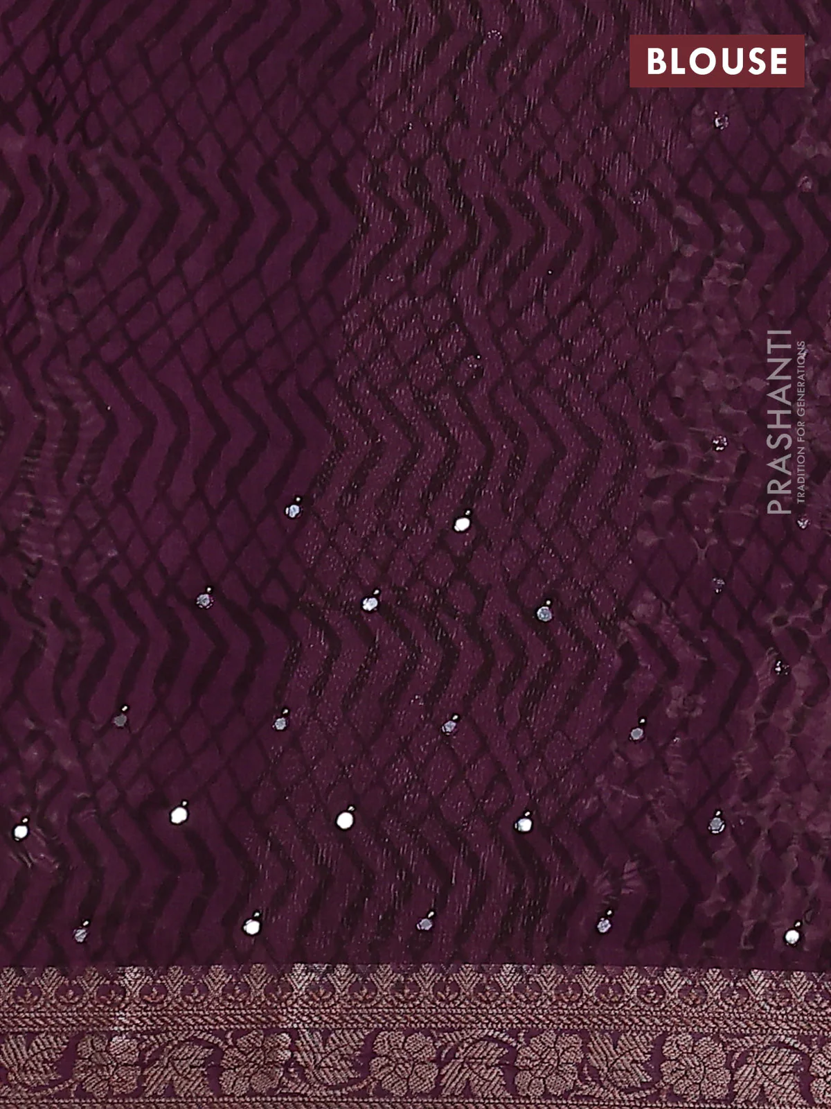 Chanderi silk cotton saree wine shade with allover prints & mirror work and zari woven border - Image 3