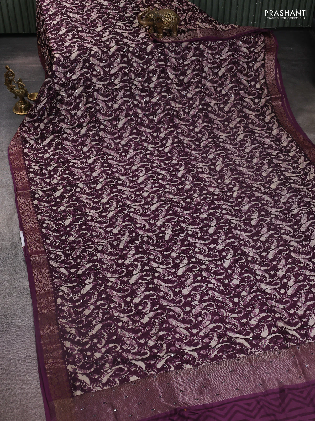 Chanderi silk cotton saree wine shade with allover prints & mirror work and zari woven border - Image 2