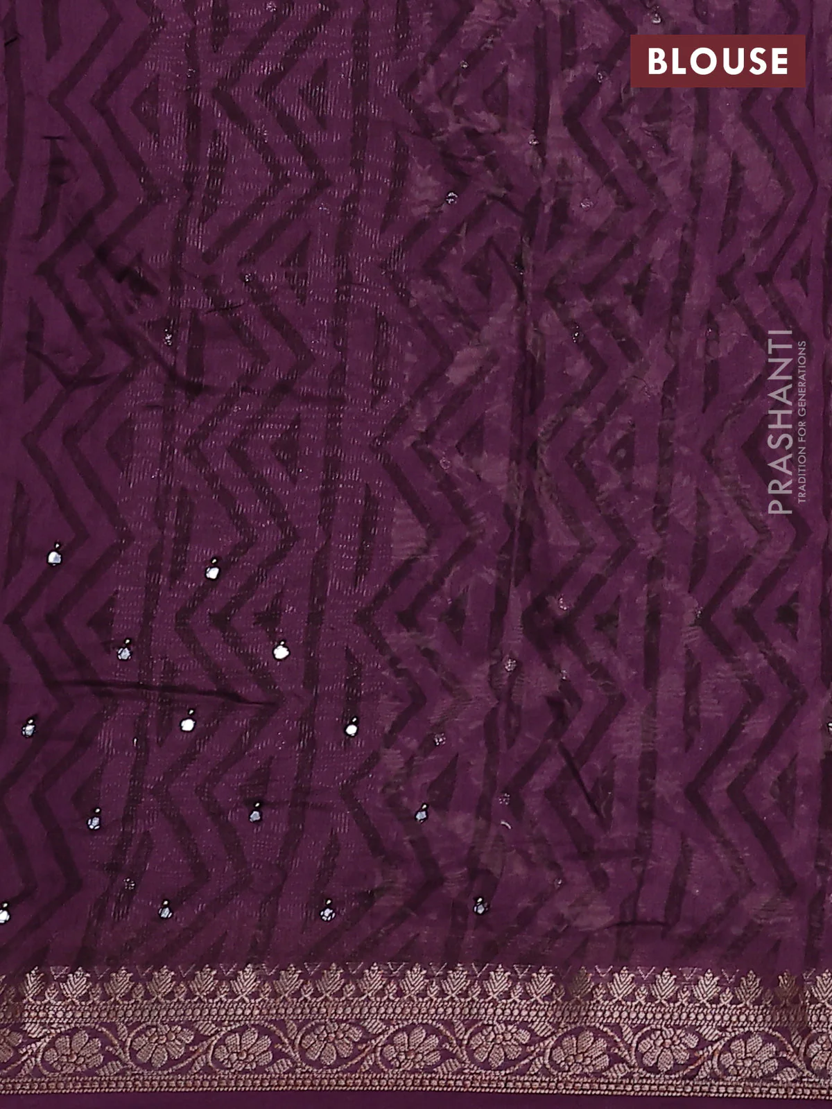 Chanderi silk cotton saree wine shade with allover prints & mirror work and zari woven border - Image 3