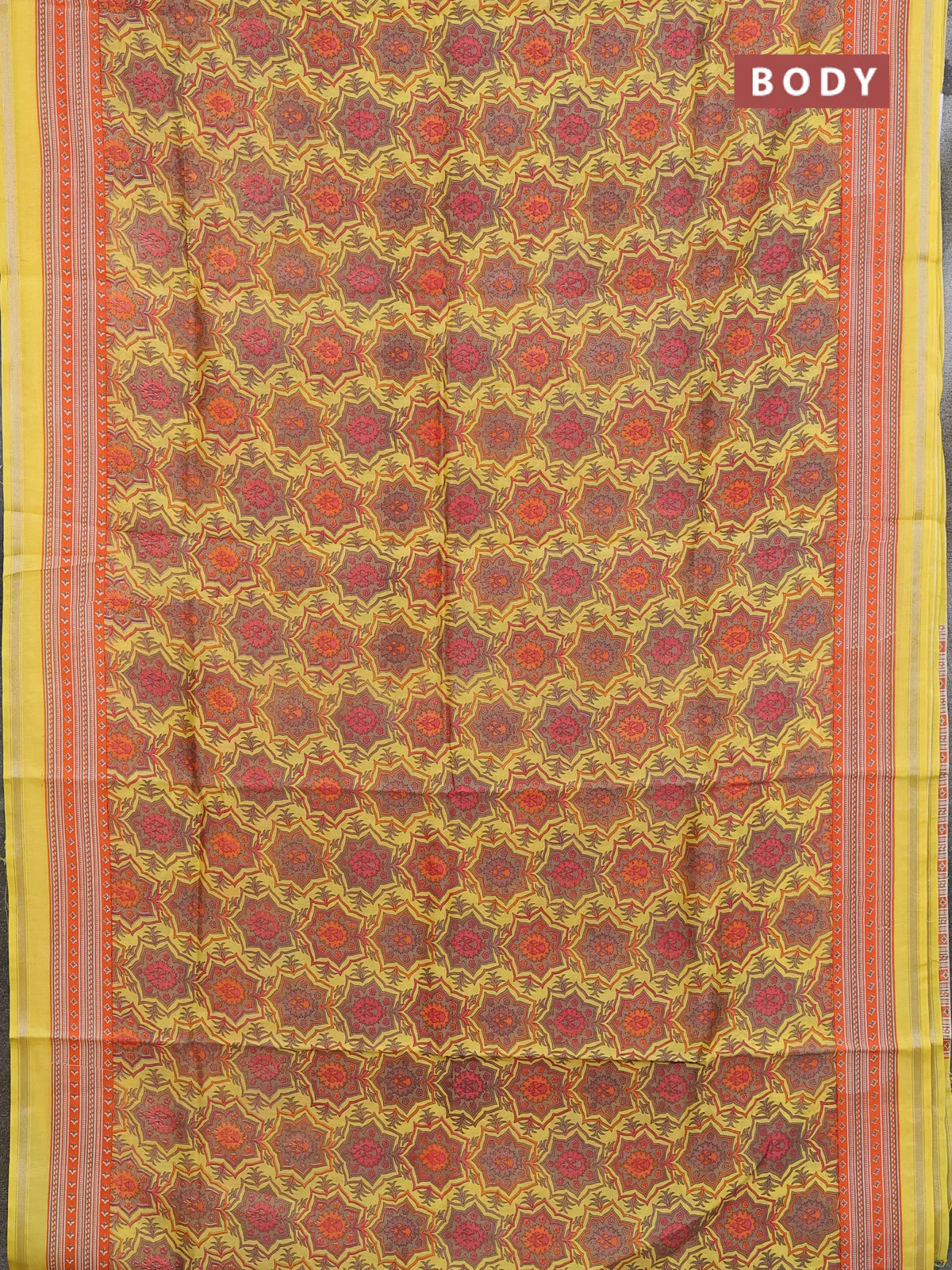 Chanderi silk cotton saree yellow and orange with allover prints and zari woven border - Image 2