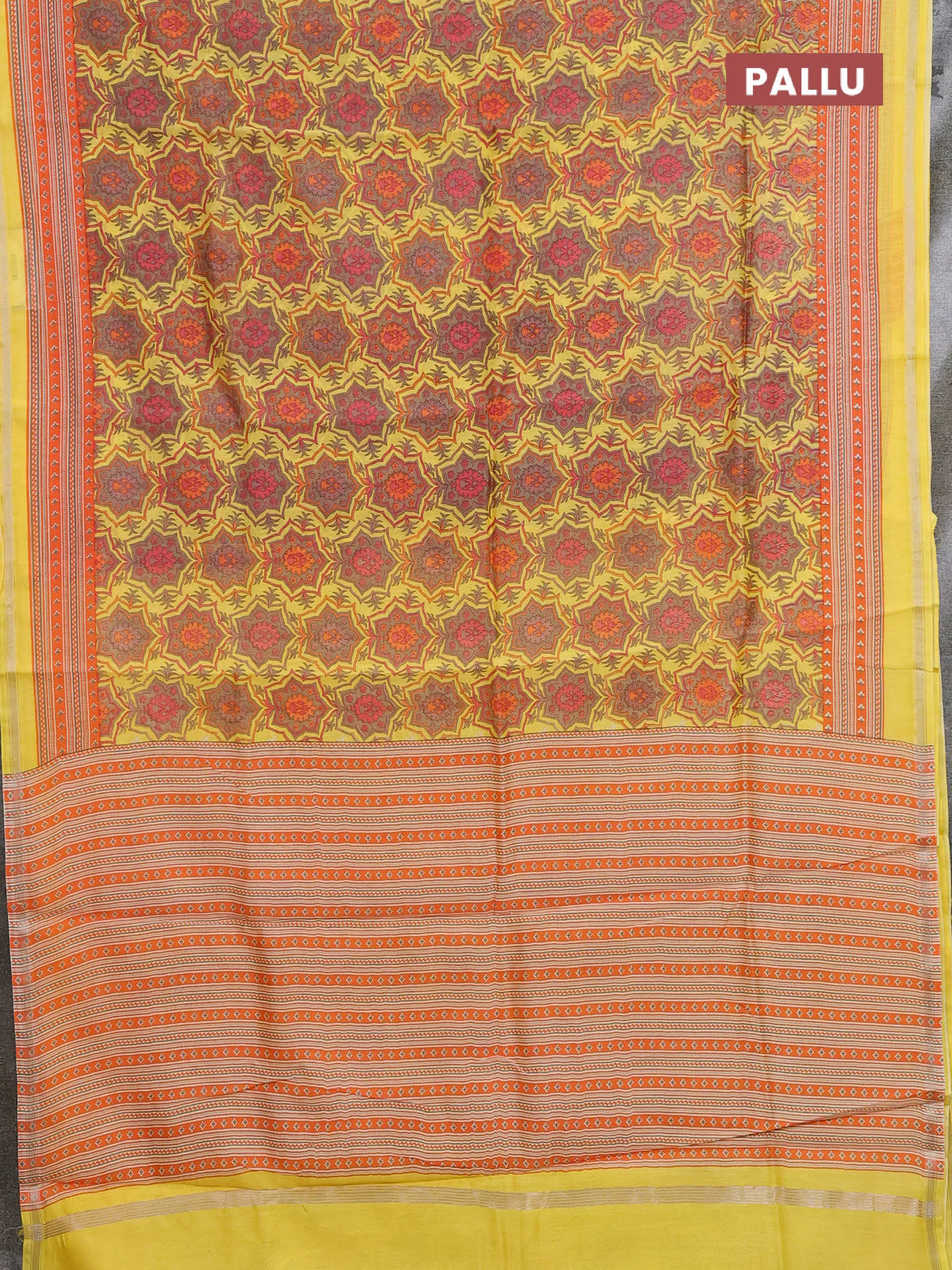 Chanderi silk cotton saree yellow and orange with allover prints and zari woven border - Image 3
