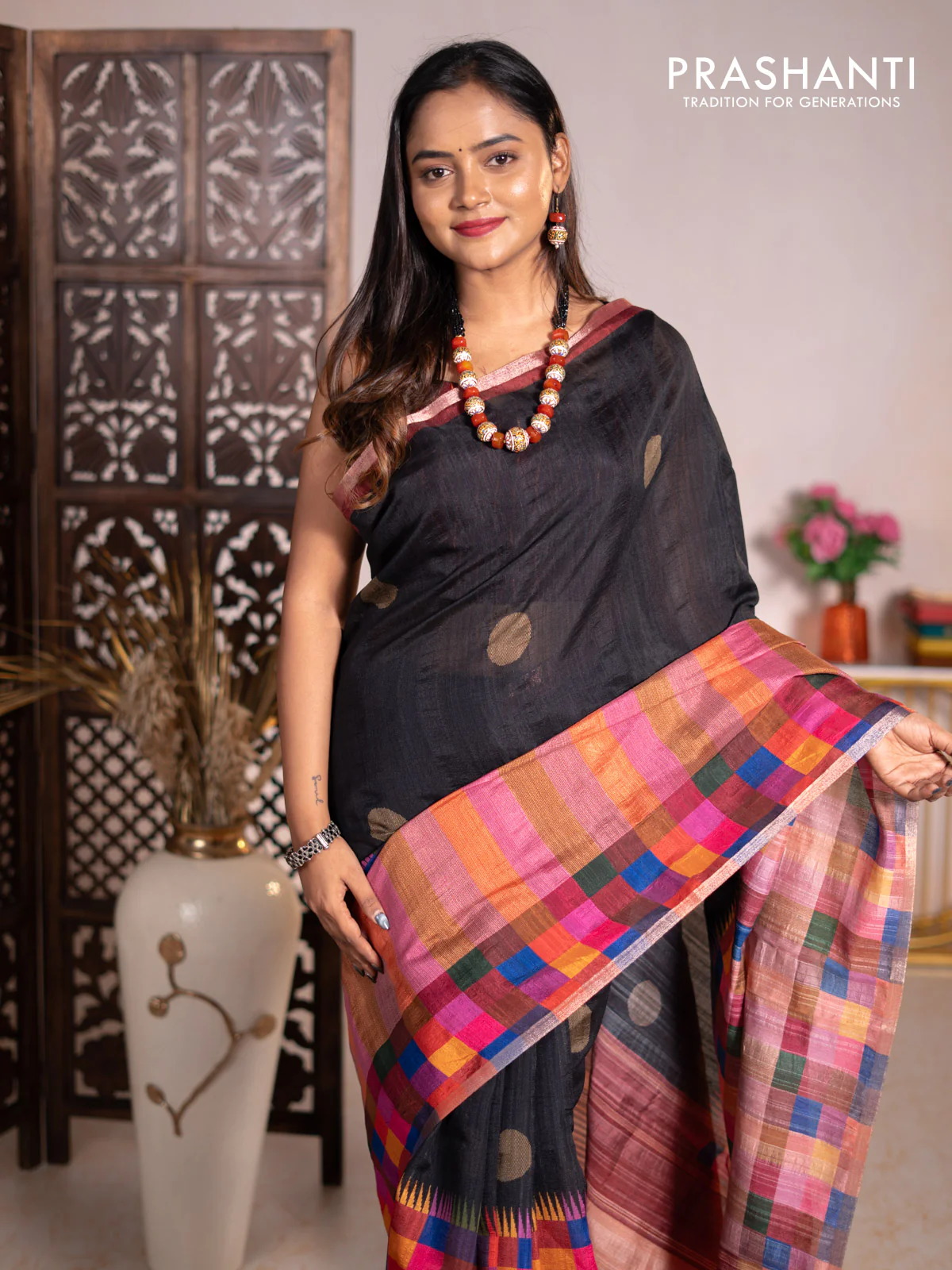 Chappa bhagalpuri saree black and maroon with geometric butta prints and long printed border - Image 2