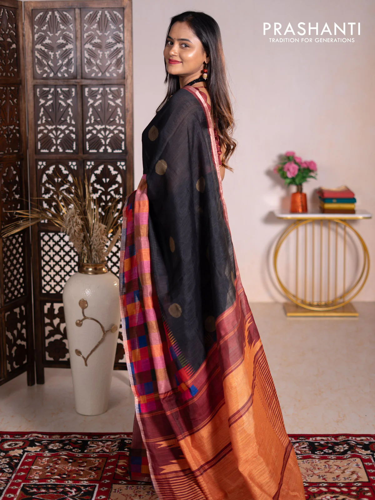 Chappa bhagalpuri saree black and maroon with geometric butta prints and long printed border - Image 3