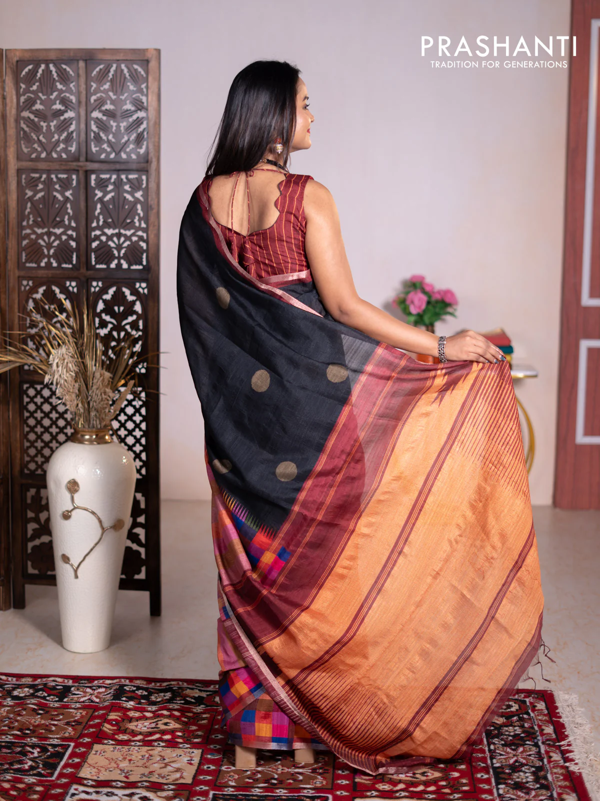 Chappa bhagalpuri saree black and maroon with geometric butta prints and long printed border - Image 4