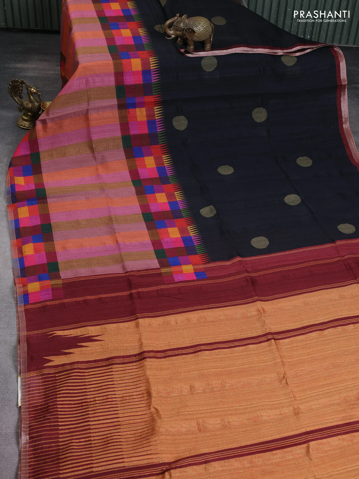 Chappa bhagalpuri saree black and maroon with geometric butta prints and long printed border - Image 5