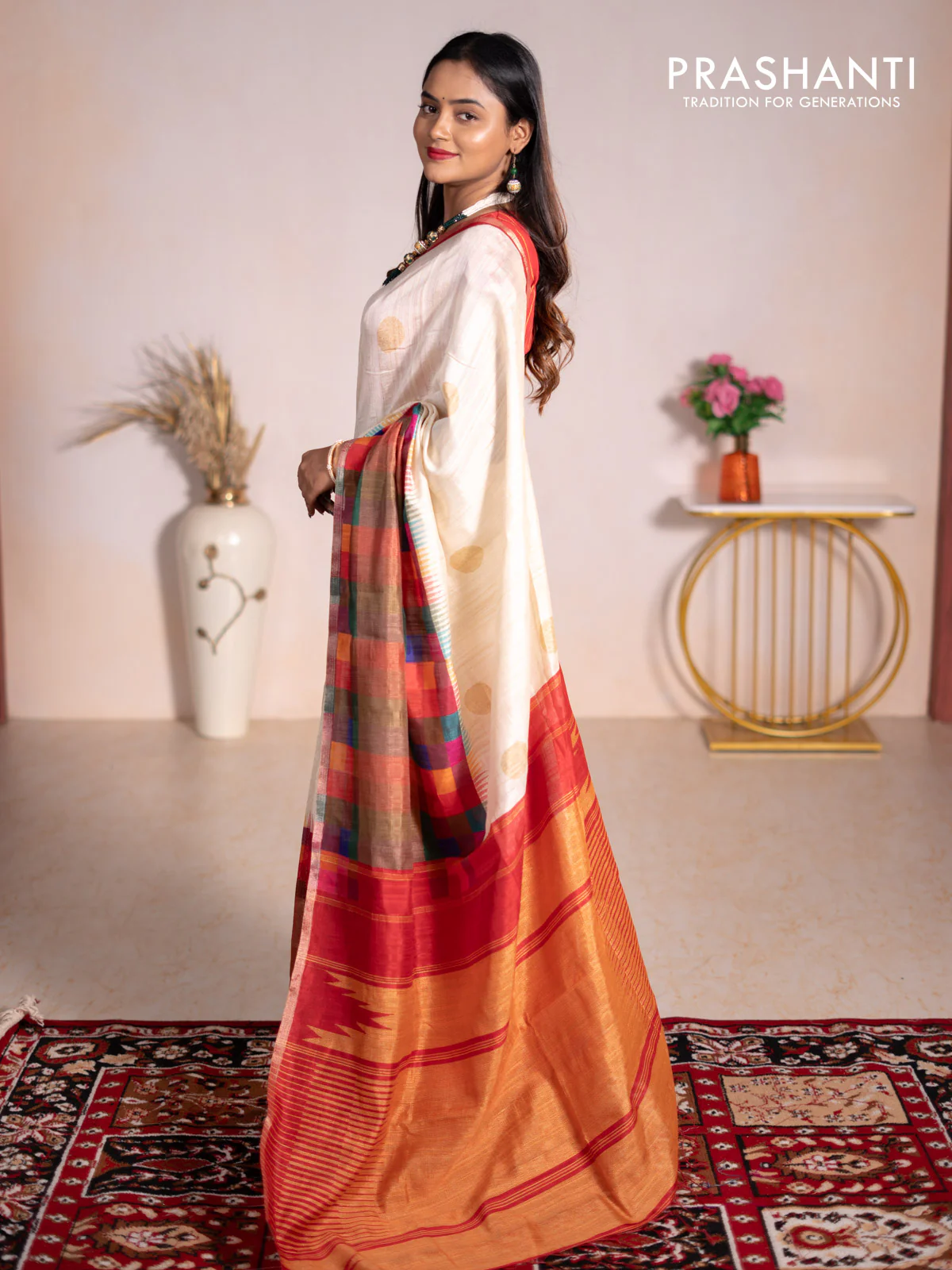 Chappa bhagalpuri saree cream and red with geometric butta prints and long printed border - Image 3