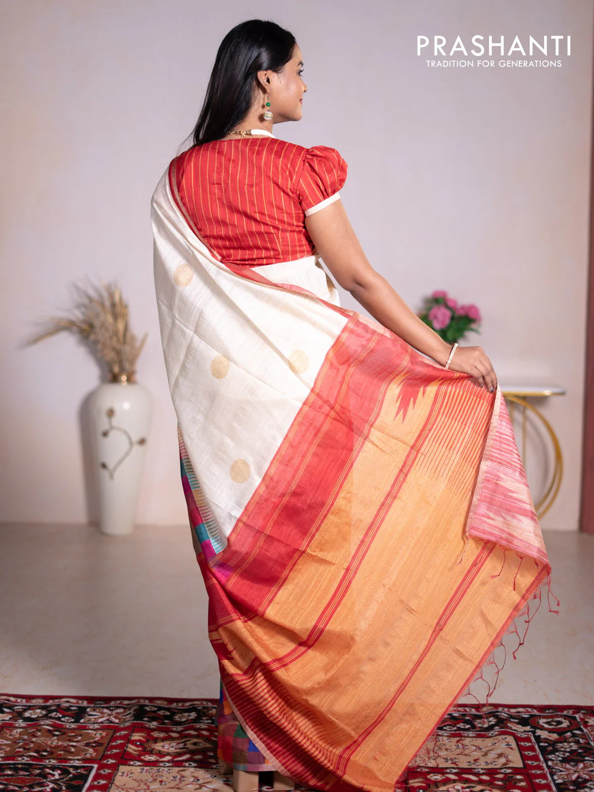 Chappa bhagalpuri saree cream and red with geometric butta prints and long printed border - Image 4