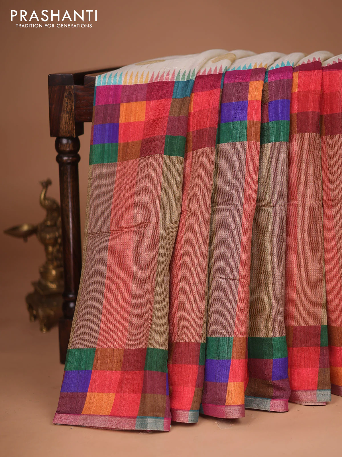 Chappa bhagalpuri saree cream and red with geometric butta prints and long printed border - Image 6