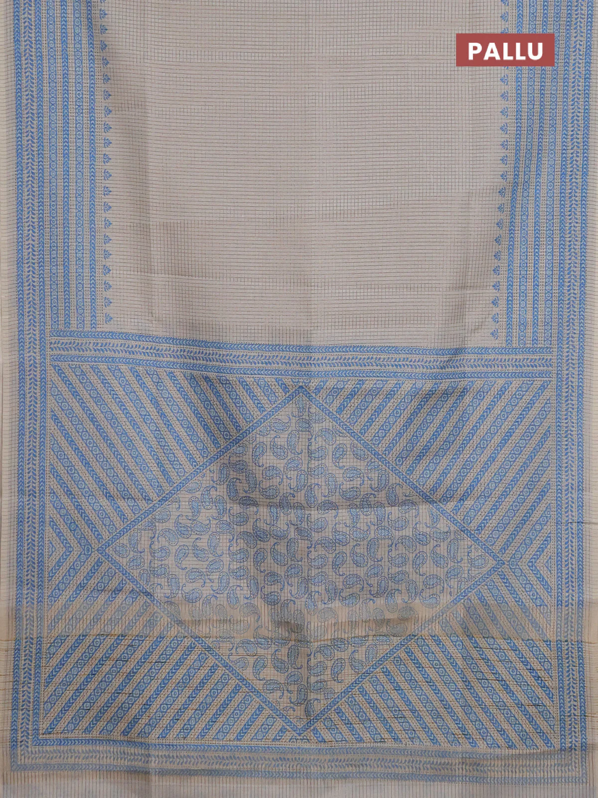 Chappa saree beige and cs blue with allover small zari checked pattern and printed border - Image 3