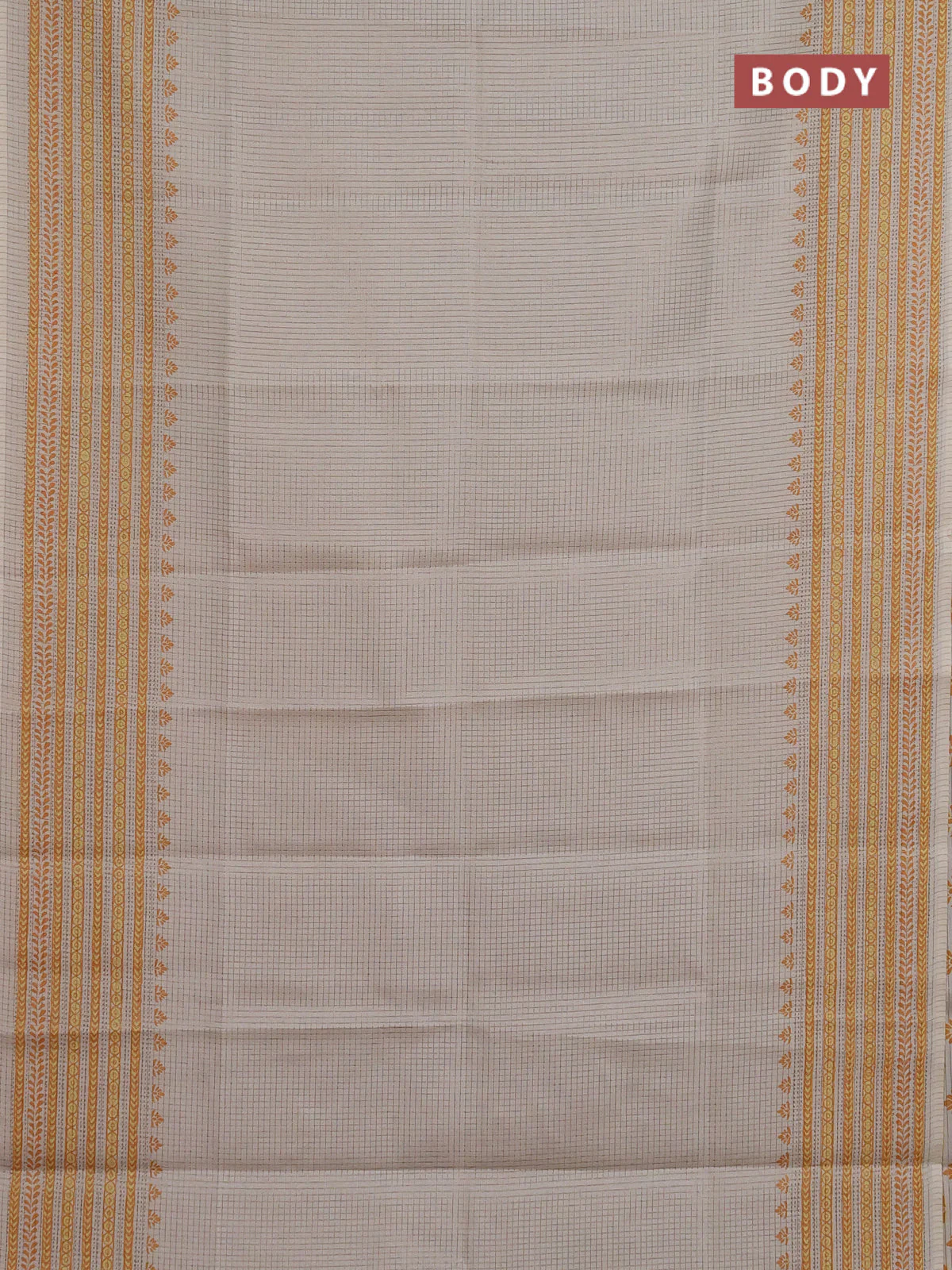 Chappa saree beige and mustard shade with allover small zari checked pattern and printed border - Image 2