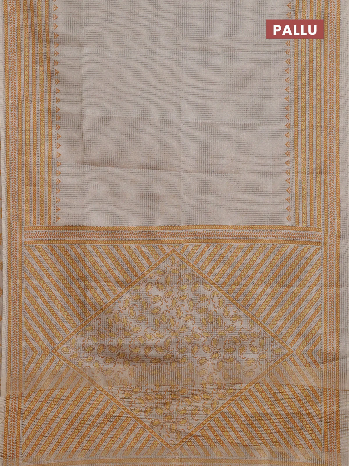 Chappa saree beige and mustard shade with allover small zari checked pattern and printed border - Image 3