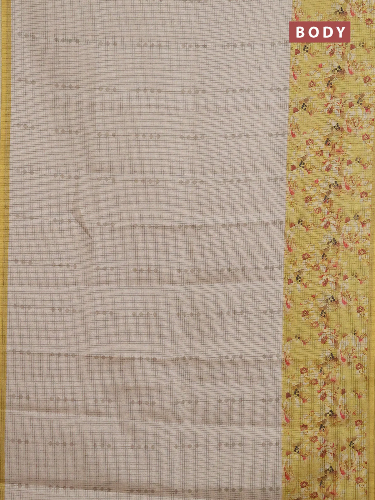 Chappa saree beige and pale yellow with allover small zari checked pattern and floral digital printed pallu - Image 2