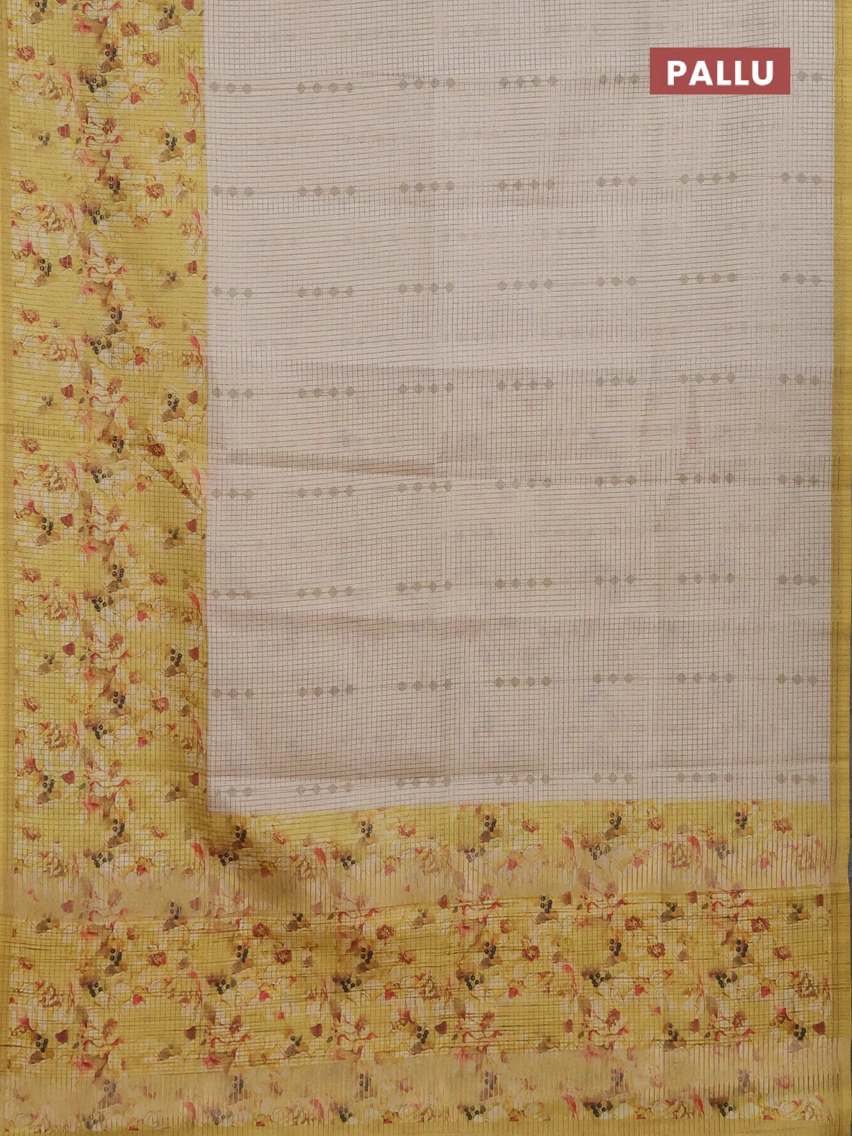 Chappa saree beige and pale yellow with allover small zari checked pattern and floral digital printed pallu - Image 3