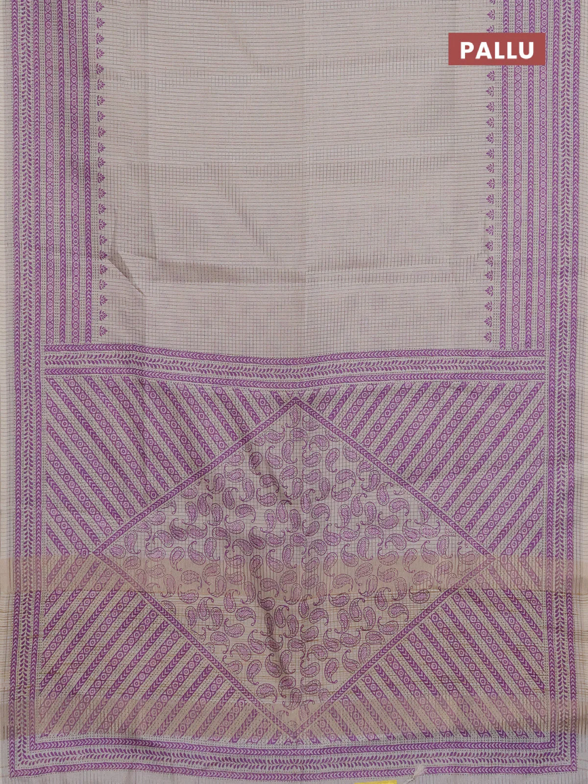 Chappa saree beige and purple with allover small zari checked pattern and printed border - Image 3