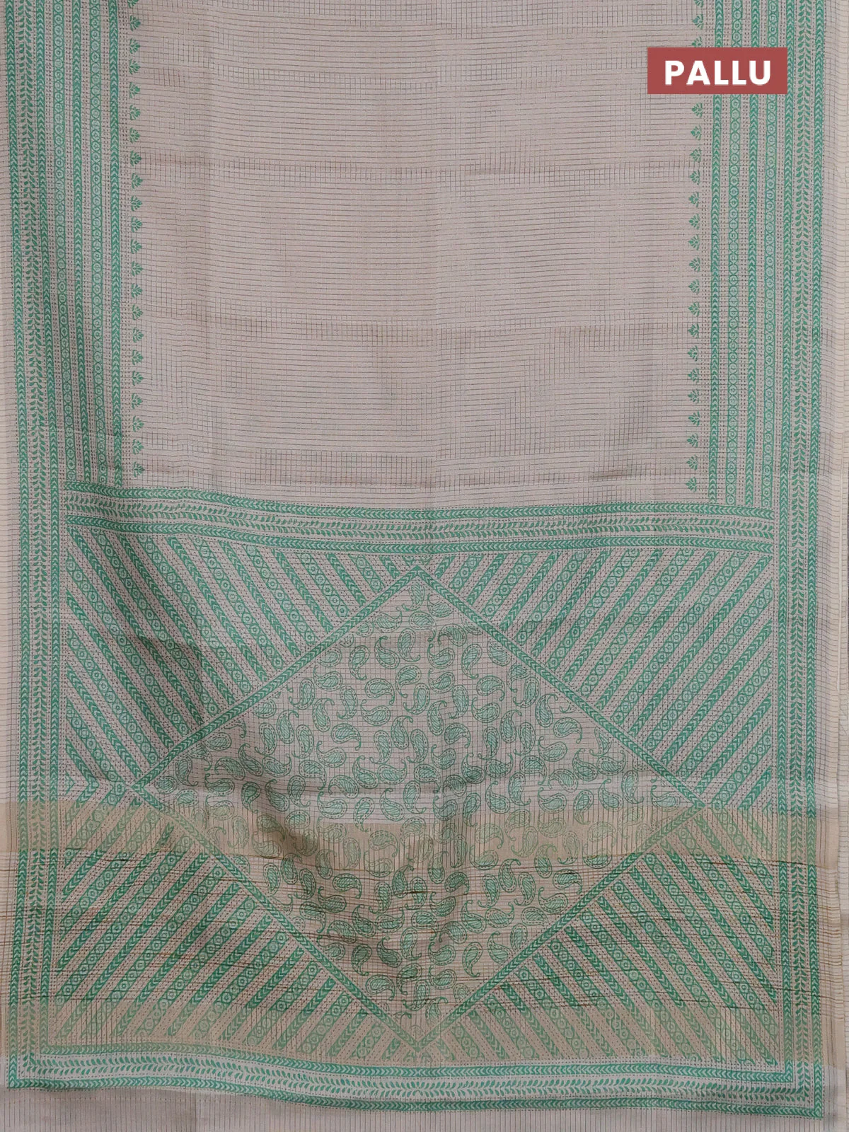 Chappa saree beige and teal green with allover small zari checked pattern and printed border - Image 3