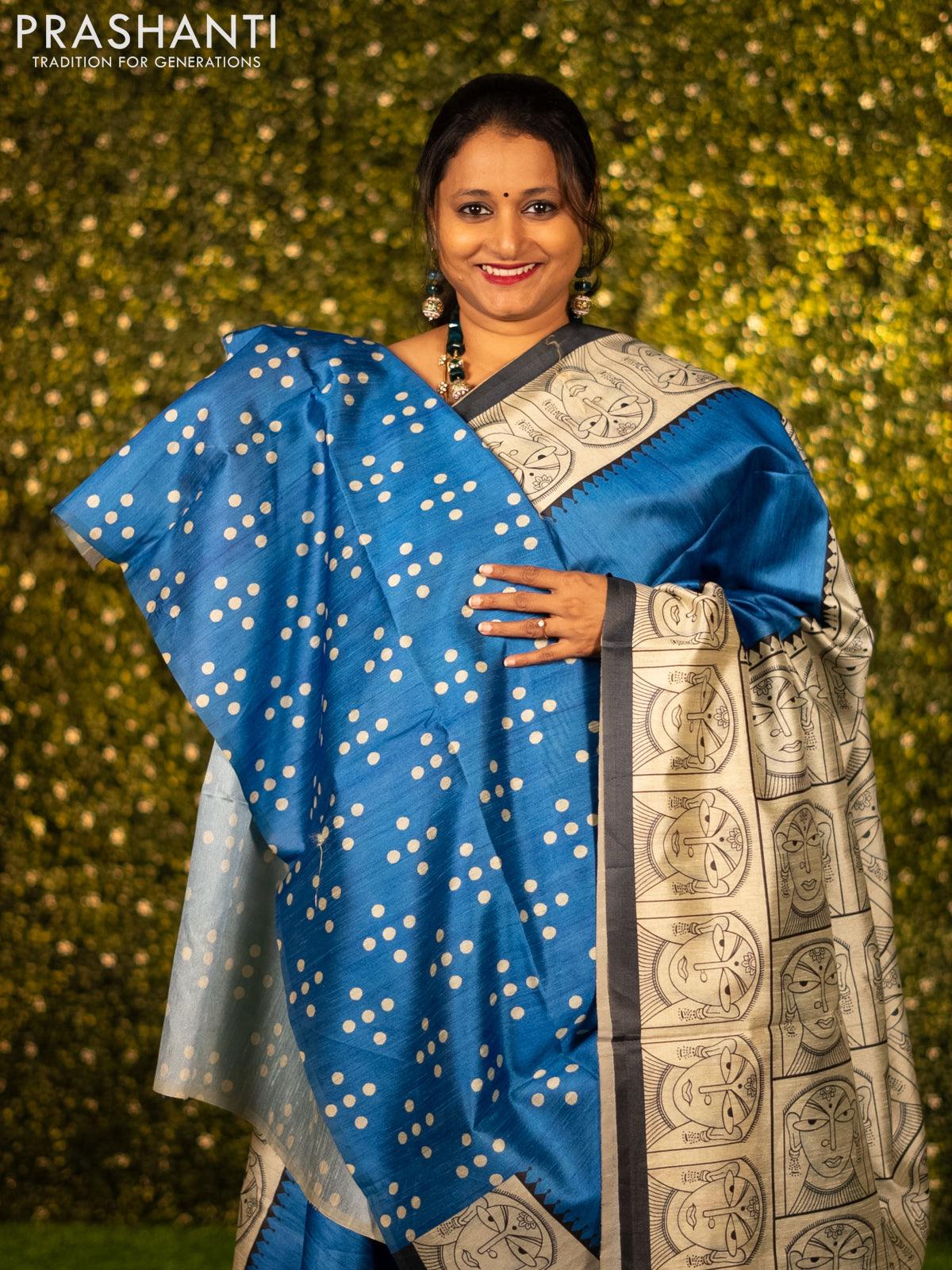 Chappa saree blue and cream with plain body and madhubani printed border - Image 3